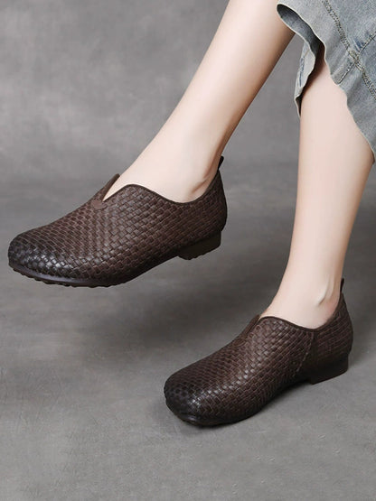 Women Weave Autumn Shoes Leather Vintage Genuine