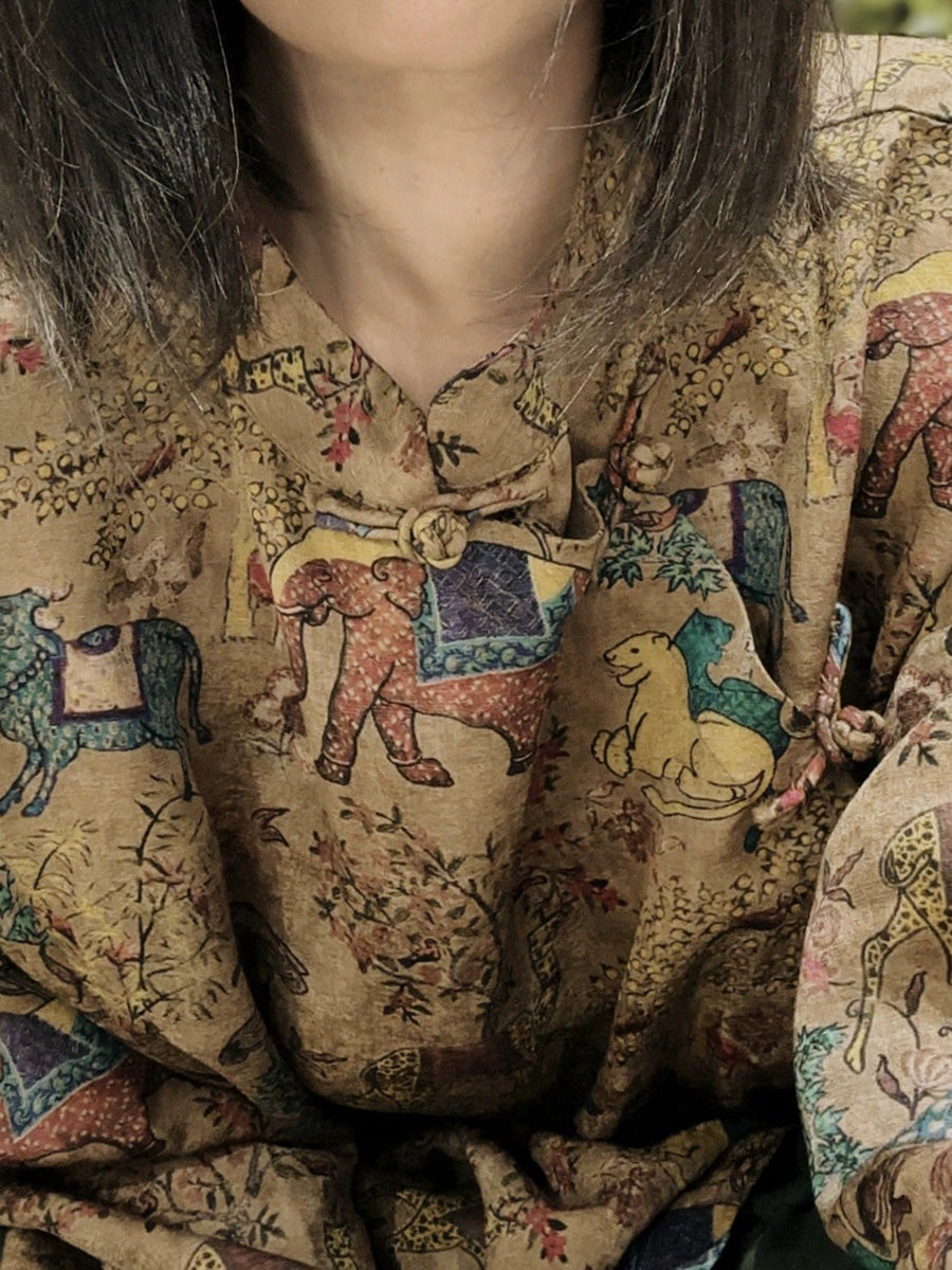 Women Collar Stand Shirt Ethnic Autumn Print