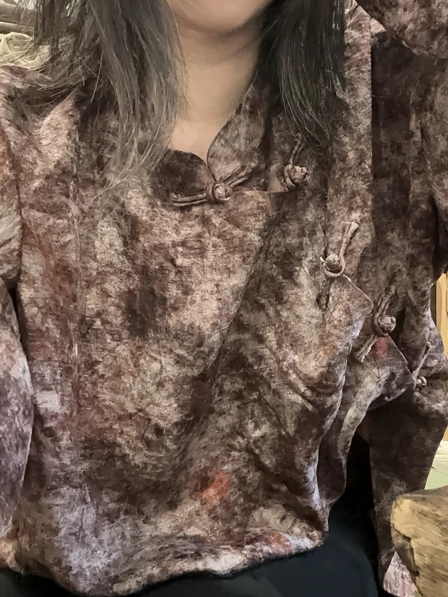 Women Collar Stand Shirt Ethnic Autumn Print