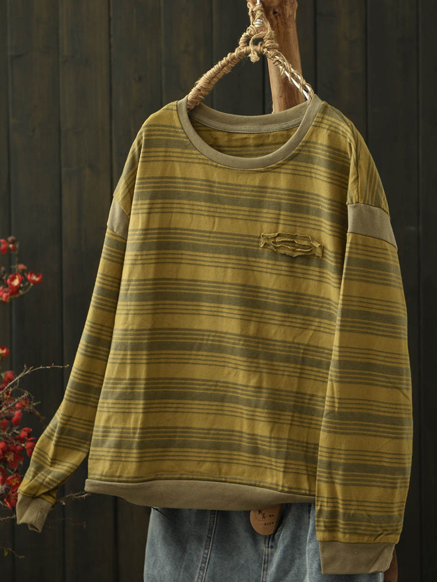 Women O-Neck Stripe Autumn Blouse Casual