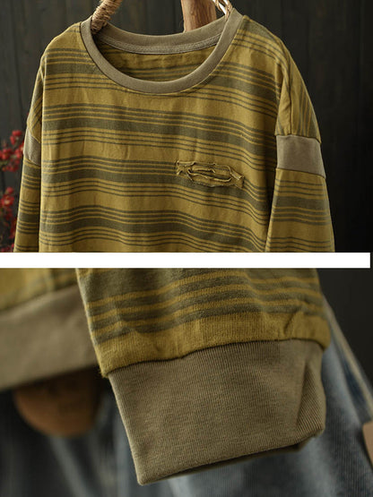 Women O-Neck Stripe Autumn Blouse Casual