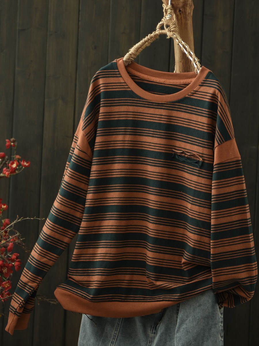 Women O-Neck Stripe Autumn Blouse Casual