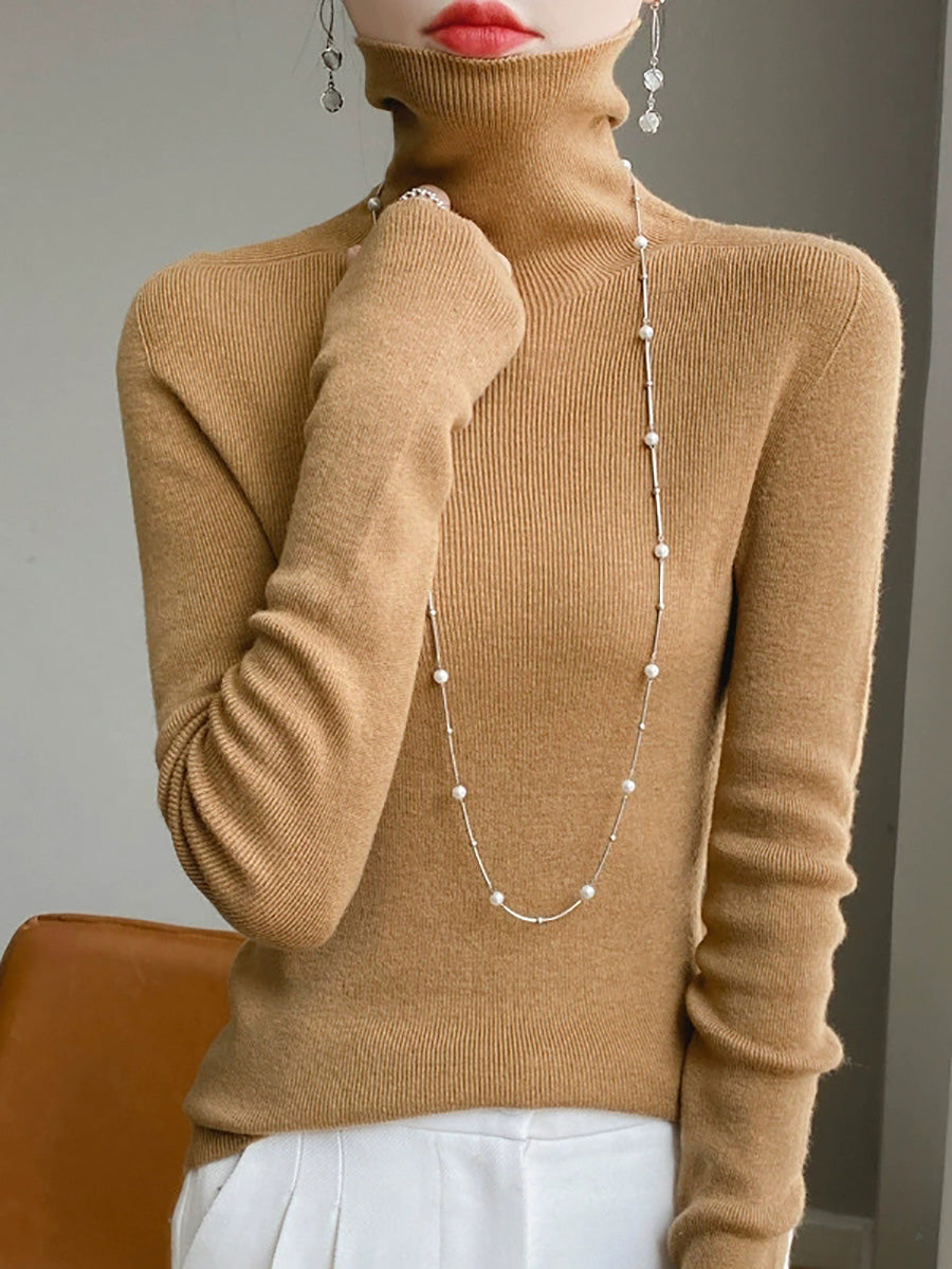 Color Pure Women Casual Sweater Turtleneck Knitted Autumn