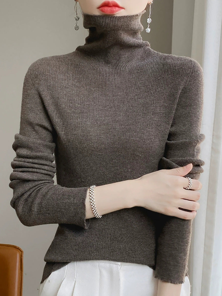 Color Pure Women Casual Sweater Turtleneck Knitted Autumn