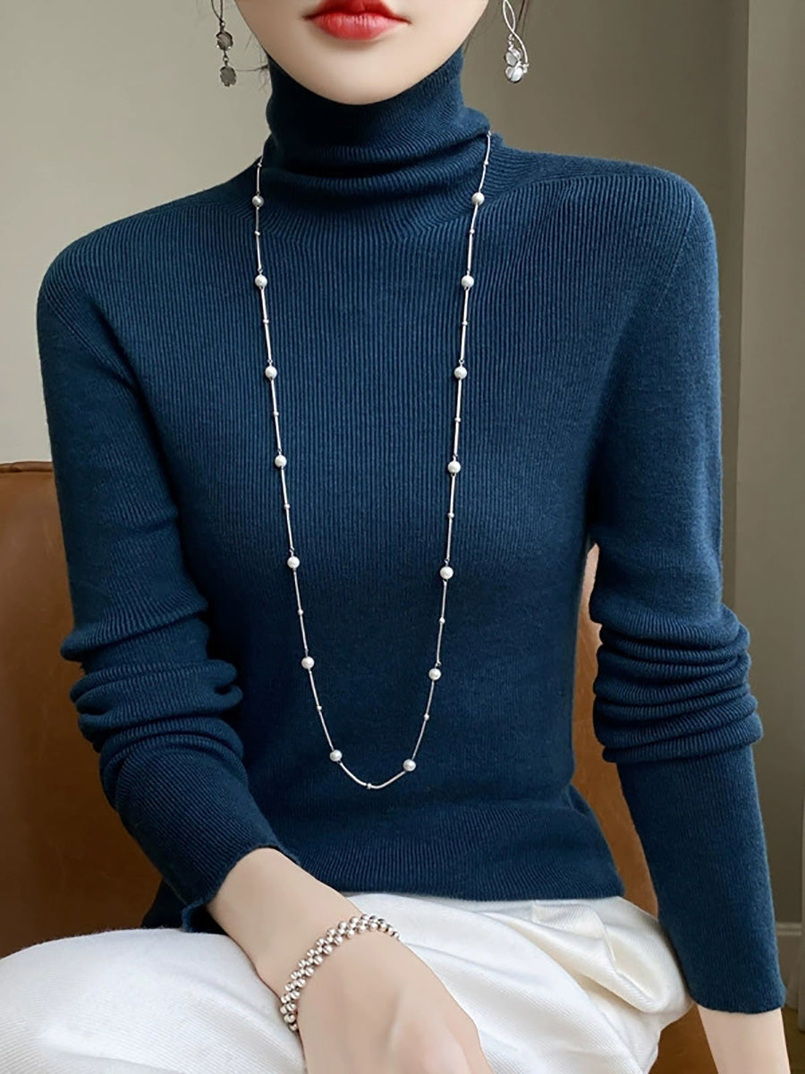 Color Pure Women Casual Sweater Turtleneck Knitted Autumn