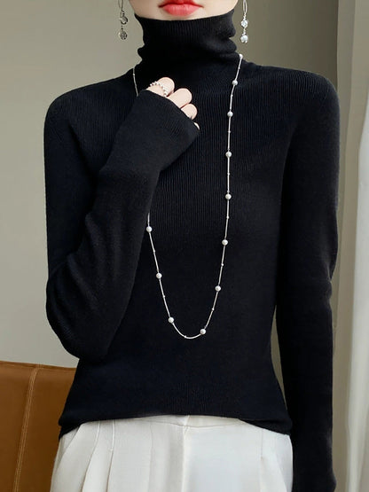 Color Pure Women Casual Sweater Turtleneck Knitted Autumn