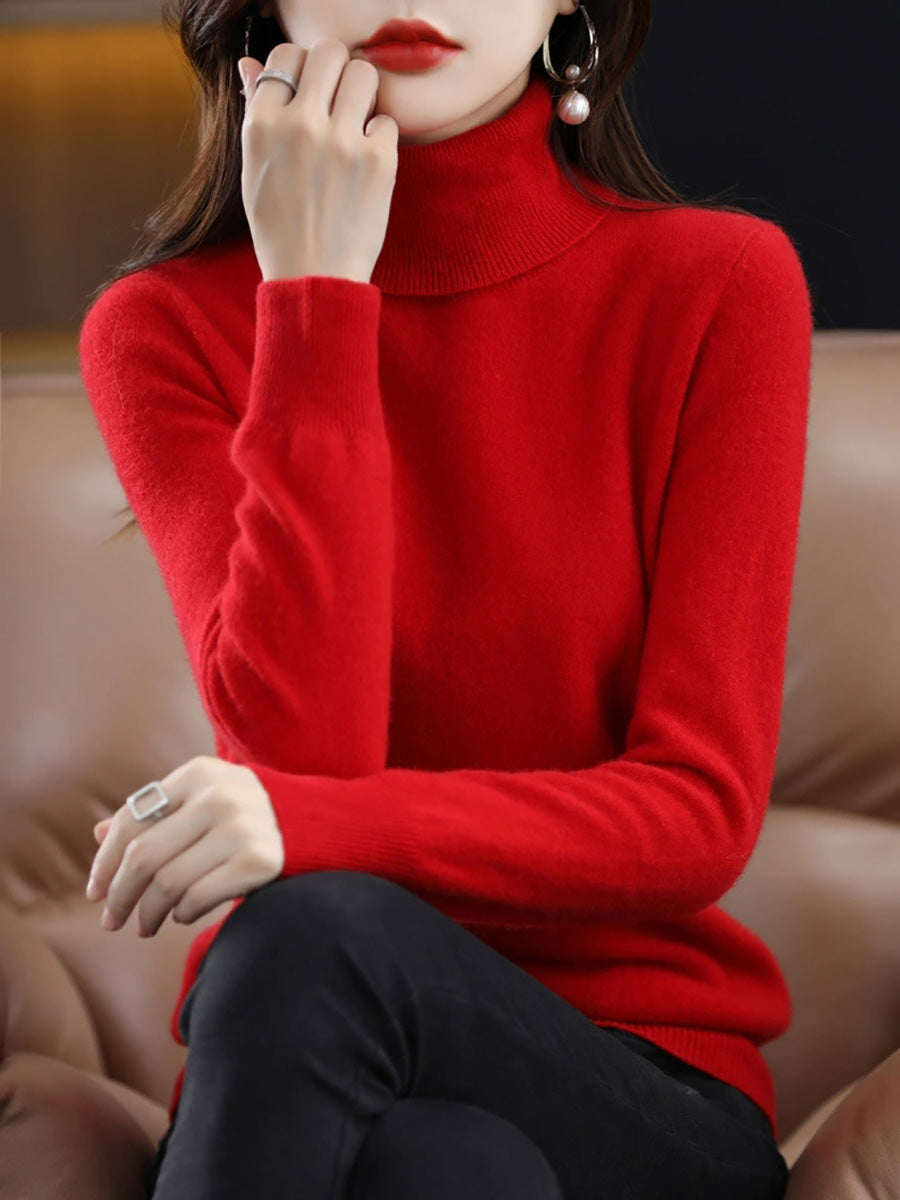 Knitted Women Pure Autumn Color Turtleneck Casual Sweater