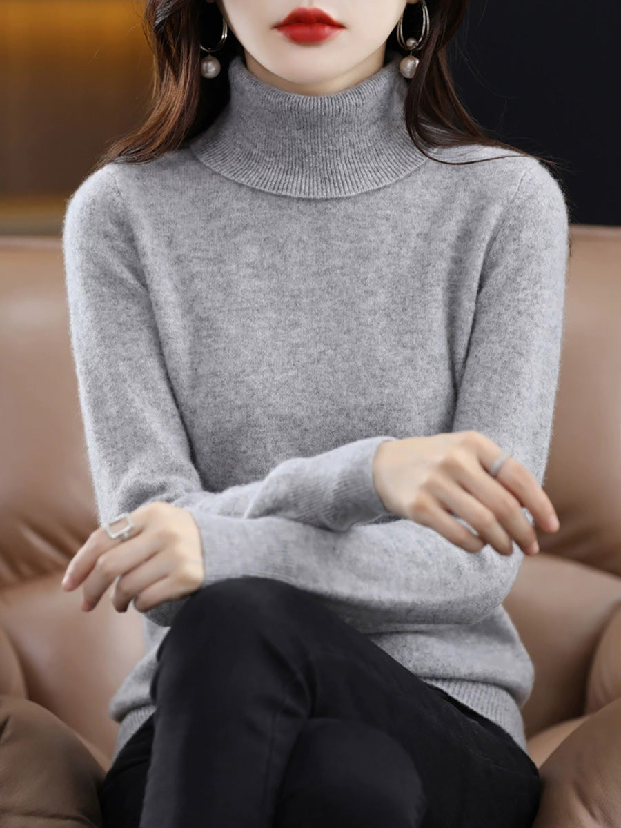 Knitted Women Pure Autumn Color Turtleneck Casual Sweater