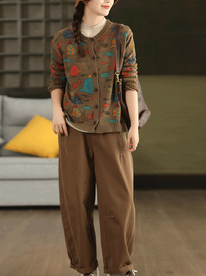 Fish Artsy Autumn O-Neck Sweater Cartoon Women