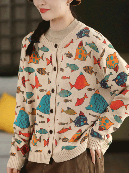 Fish Artsy Autumn O-Neck Sweater Cartoon Women