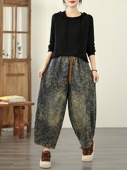 Autumn Flower Women Denim Harem Pants Retro