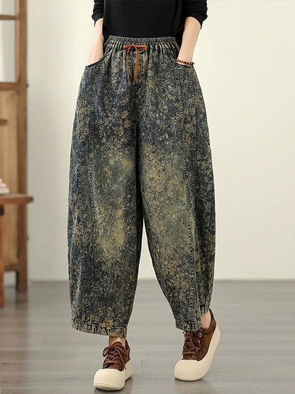 Autumn Flower Women Denim Harem Pants Retro