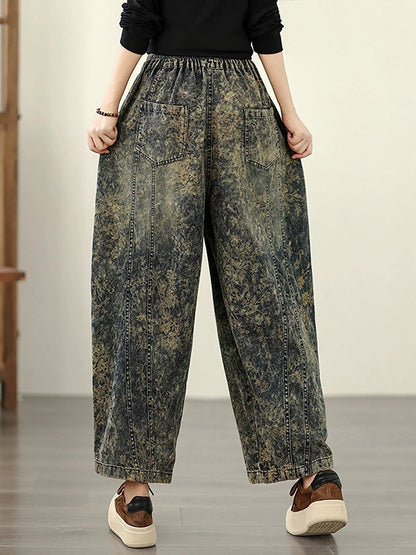 Autumn Flower Women Denim Harem Pants Retro
