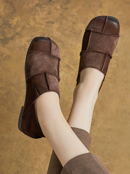 Flat Shoes Leather Vintage Women Autumn Spliced