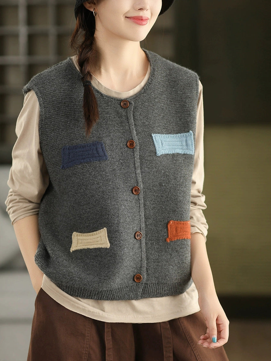 Vest O-Neck Knitted Patch Artsy 100%Cotton Women Autumn
