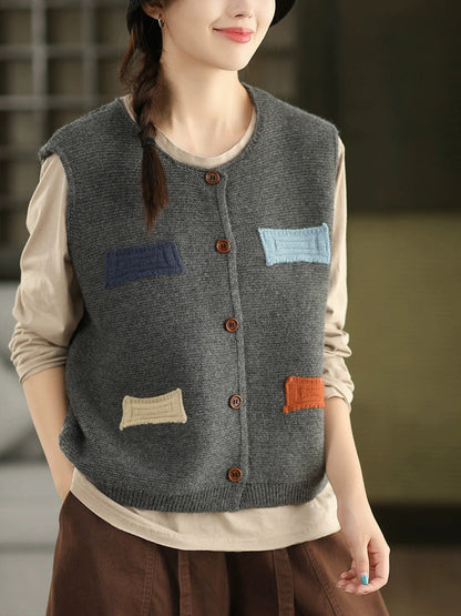 Vest O-Neck Knitted Patch Artsy 100%Cotton Women Autumn