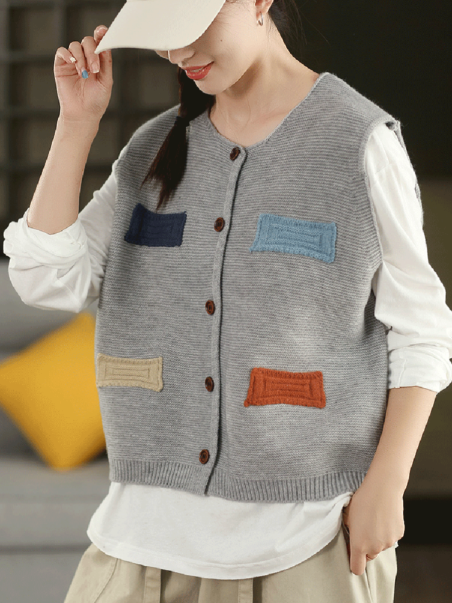 Vest O-Neck Knitted Patch Artsy 100%Cotton Women Autumn