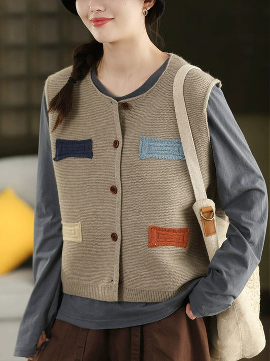 Vest O-Neck Knitted Patch Artsy 100%Cotton Women Autumn