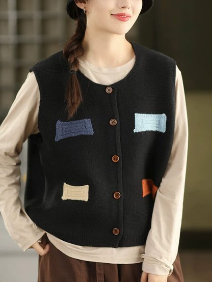 Vest O-Neck Knitted Patch Artsy 100%Cotton Women Autumn