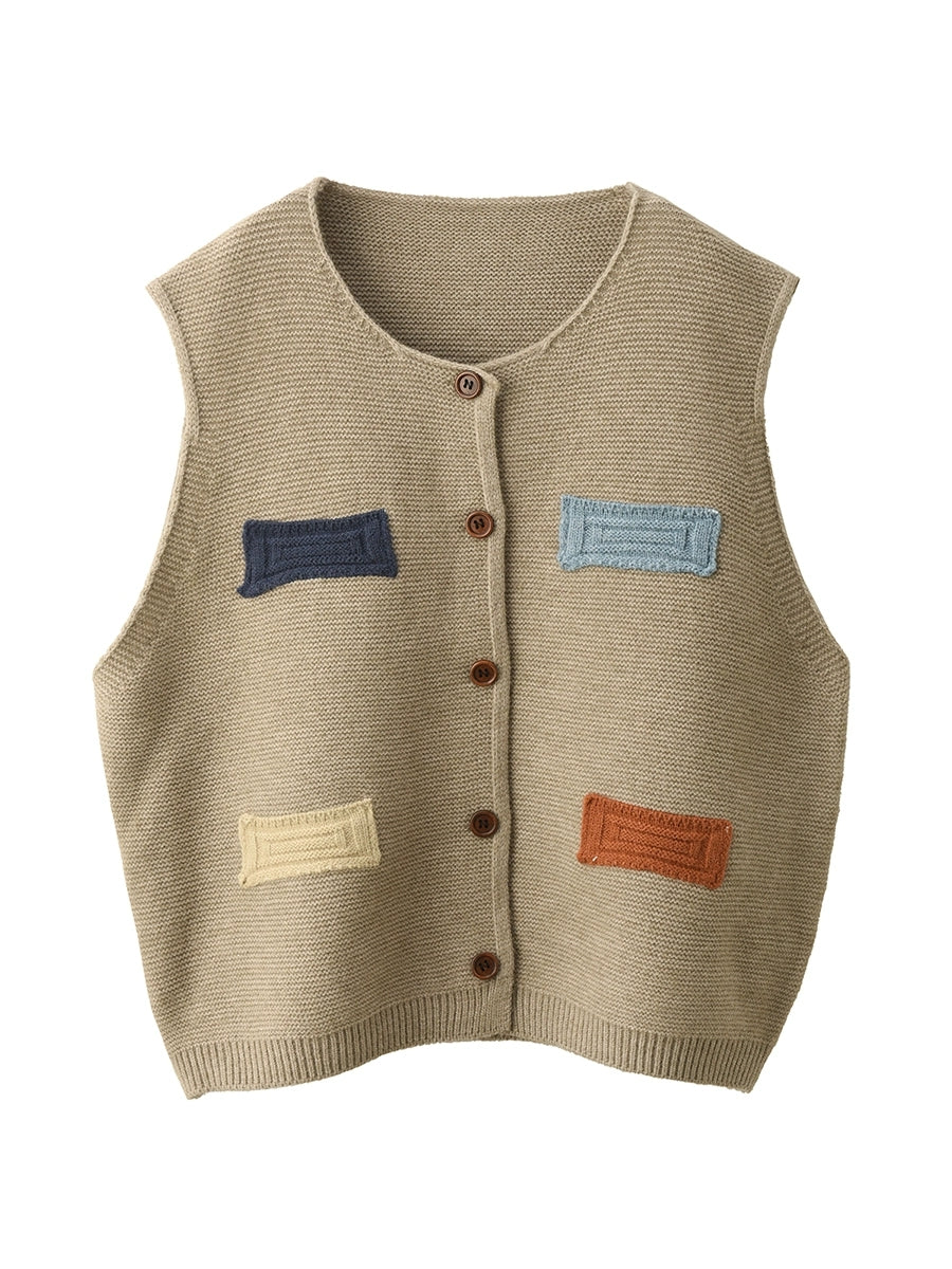 Vest O-Neck Knitted Patch Artsy 100%Cotton Women Autumn