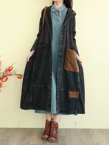 Denim Autumn Long Colorblock Hooded Coat Women