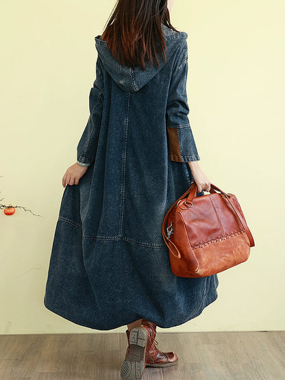 Denim Autumn Long Colorblock Hooded Coat Women