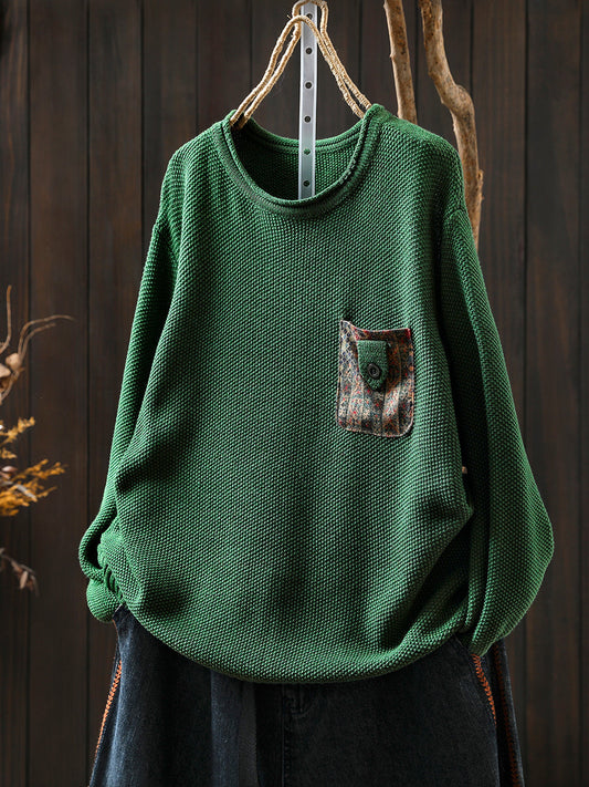 Artsy Sweater Women O-Neck Pocket Patch Knitted Autumn