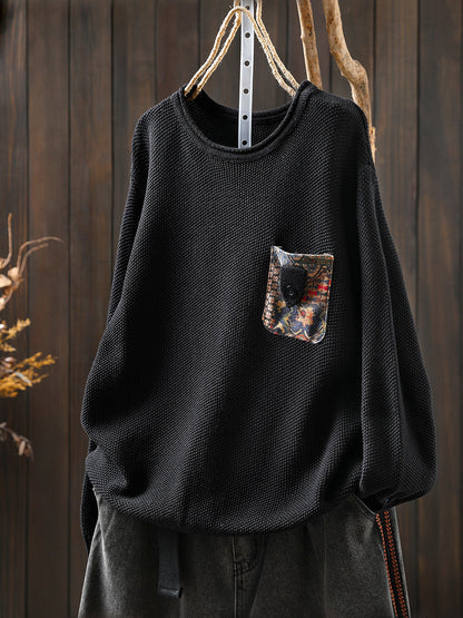 Artsy Sweater Women O-Neck Pocket Patch Knitted Autumn