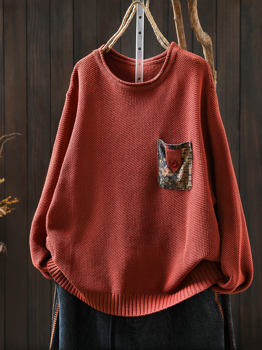 Artsy Sweater Women O-Neck Pocket Patch Knitted Autumn