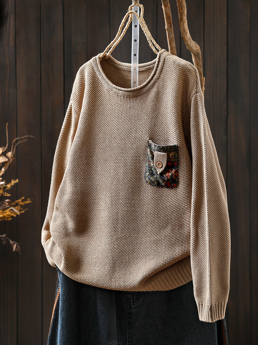 Artsy Sweater Women O-Neck Pocket Patch Knitted Autumn