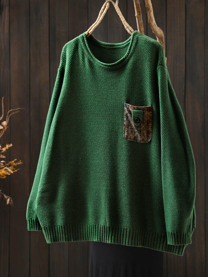 Artsy Sweater Women O-Neck Pocket Patch Knitted Autumn