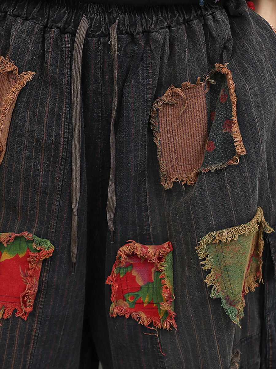 Vintage Patchwork Stripe Suits Autumn Women Loose