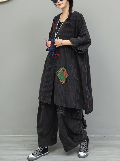 Vintage Patchwork Stripe Suits Autumn Women Loose