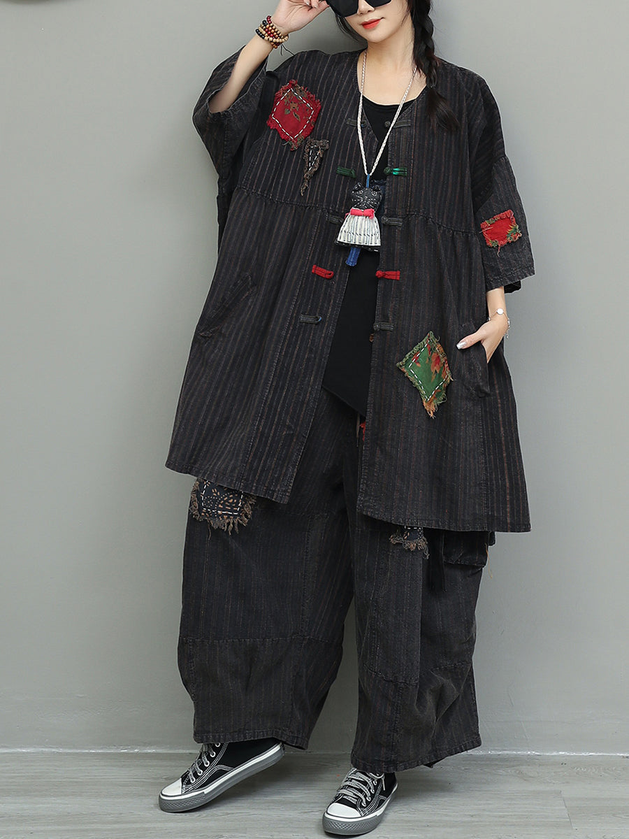 Vintage Patchwork Stripe Suits Autumn Women Loose