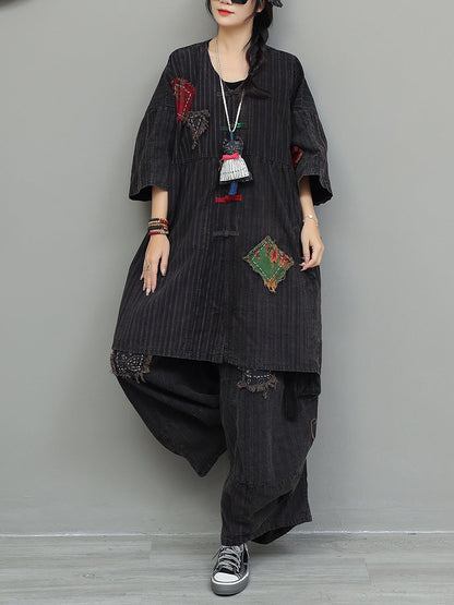 Vintage Patchwork Stripe Suits Autumn Women Loose