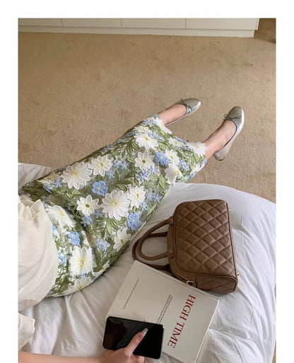 Straight Floral Green Elegant Skirt Embroidery