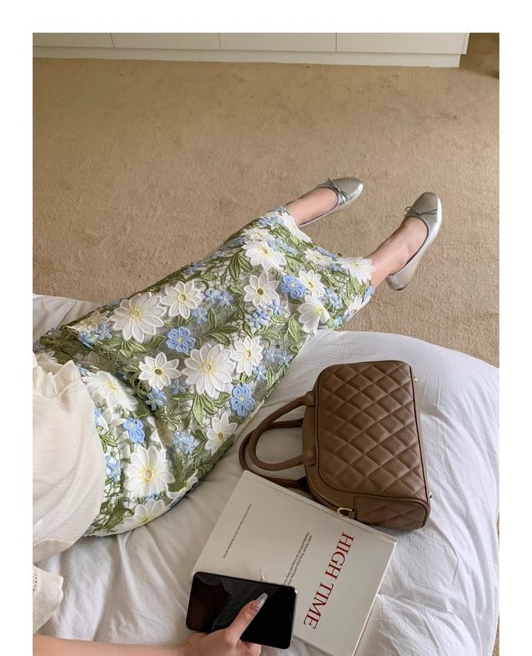 Floral Green Straight Elegant Embroidery Skirt