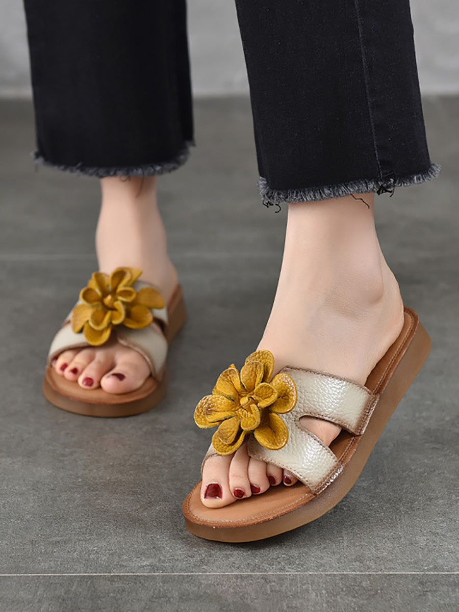 Slippers Genuine Flower Women Casual Leather