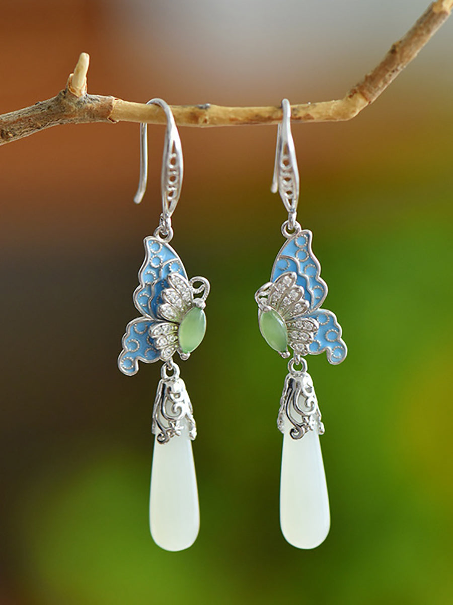 Butterfly Ethnic Enamel Earrings Women Jade S925Silver