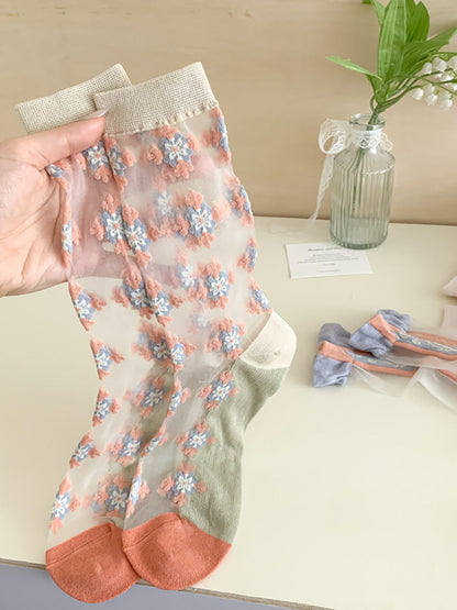 3 Pairs Women Artsy Flower Jacquard Long Socks FD029