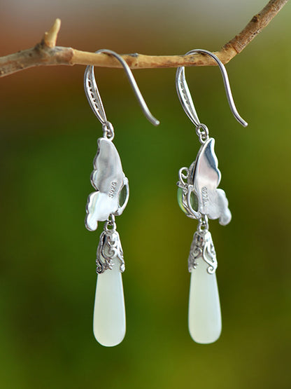 Butterfly Ethnic Enamel Earrings Women Jade S925Silver