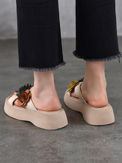 Women Summer Platform Spliced Flower Leather Slippers