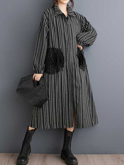 Design Black Lapel Flower Pockets Striped Long Sleeves Zip-up Dress WS010