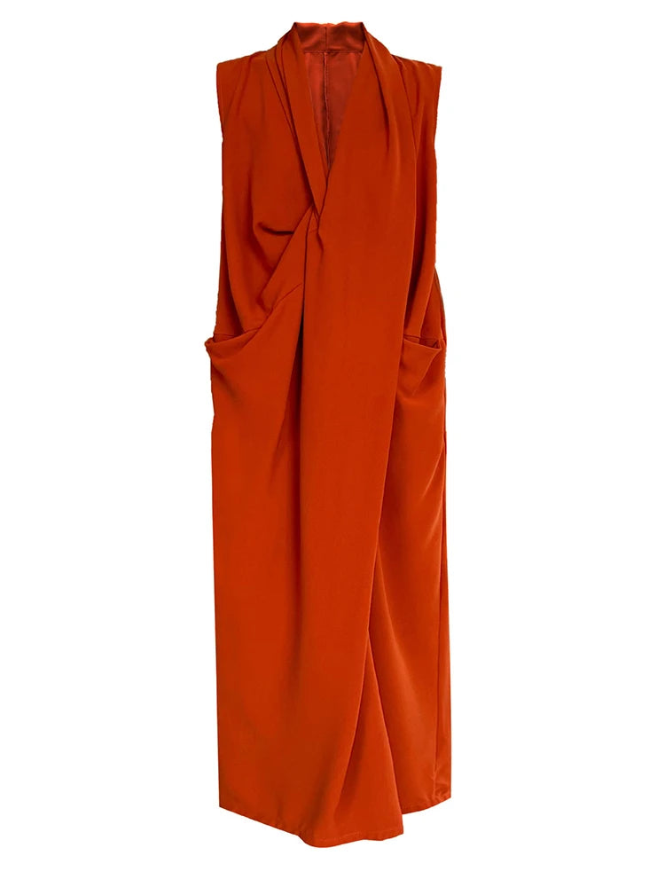Pockets with Draped Sleeveless Dress Elegant Midi