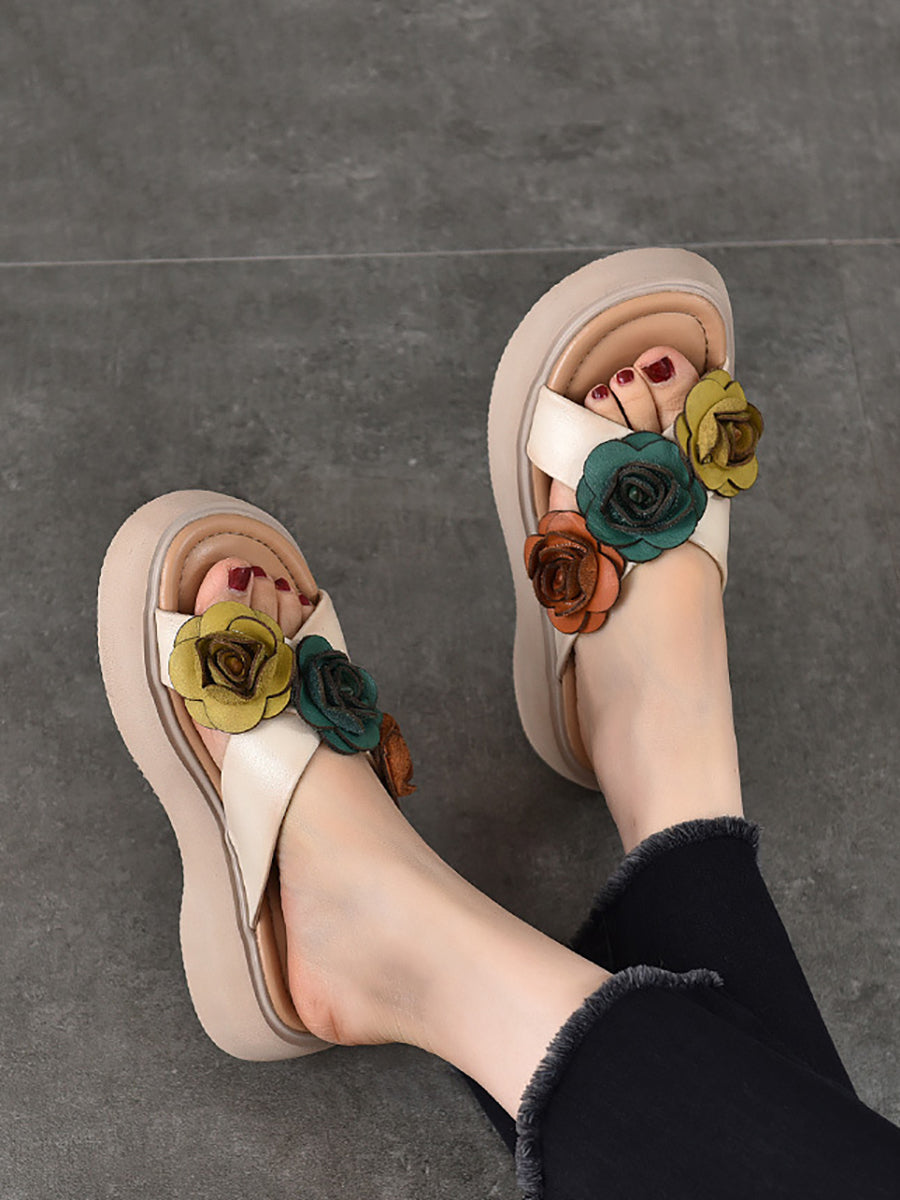 Women Summer Platform Spliced Flower Leather Slippers