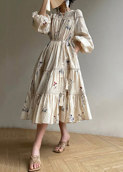 Loose Beige Embroidered Ruffled Pockets Linen Dress Long Sleeve AJ1033