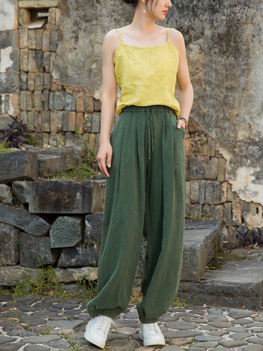 Women Pure Ramie Straight Worn Color Summer Pants