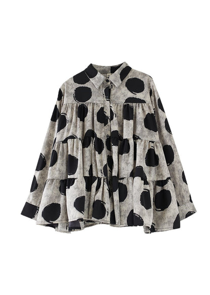 Plus Size Black Peter Pan Collar Dot Wrinkled Cotton Shirts Fall RY023