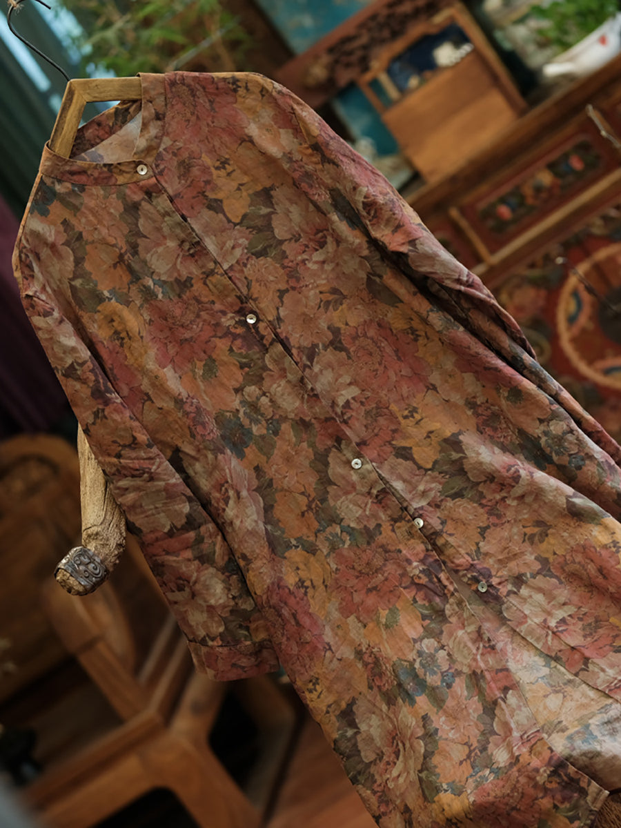 Floral Women Shirt Retro Long Vintage Ramie Button-up