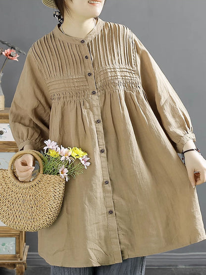 Women Artsy Summer Shirred Solid Linen Shirt SC1058